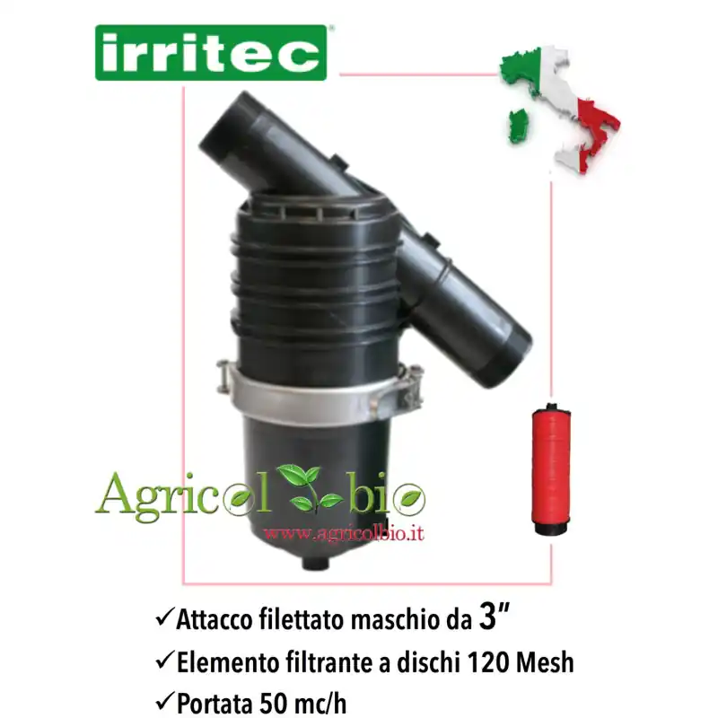 Filtro a Y da 3" - 50 mc/h chiusura fascia inox - elemento filtrante a DISCHI 120 mesh - IRRITEC Shop Nu